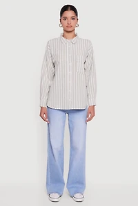 Striped Poplin Button Front Long Sleeve Shirt