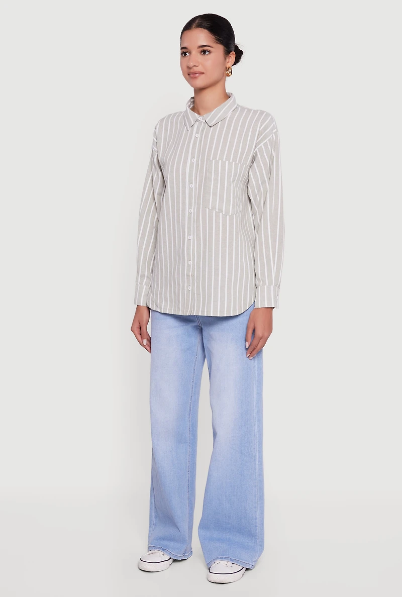 Striped Poplin Button Front Long Sleeve Shirt