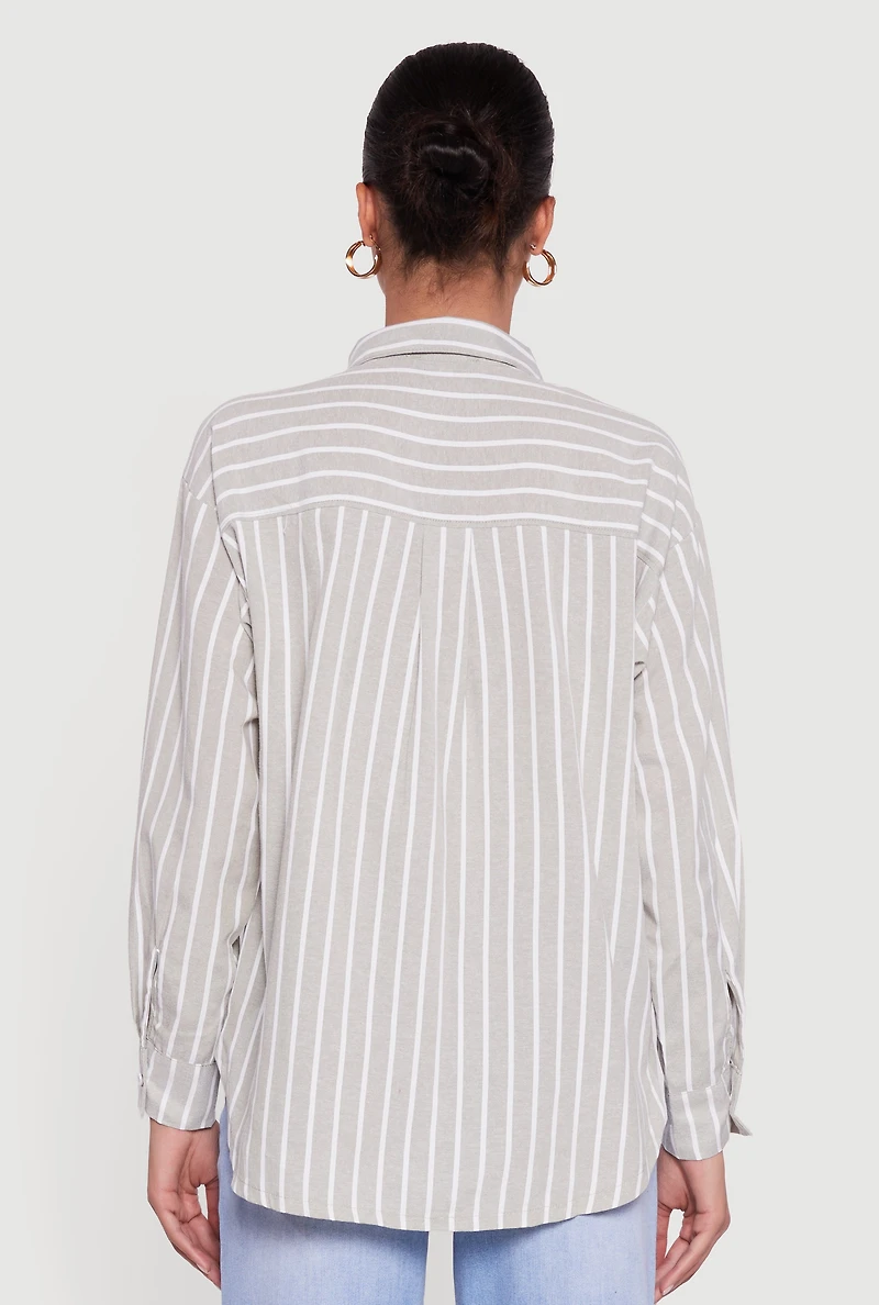 Striped Poplin Button Front Long Sleeve Shirt