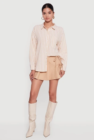 Womens Striped Poplin Button Front Long Sleeve Shirt,