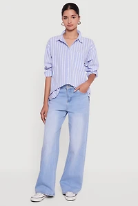 Striped Poplin Button Front Long Sleeve Shirt