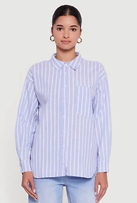 Striped Poplin Button Front Long Sleeve Shirt