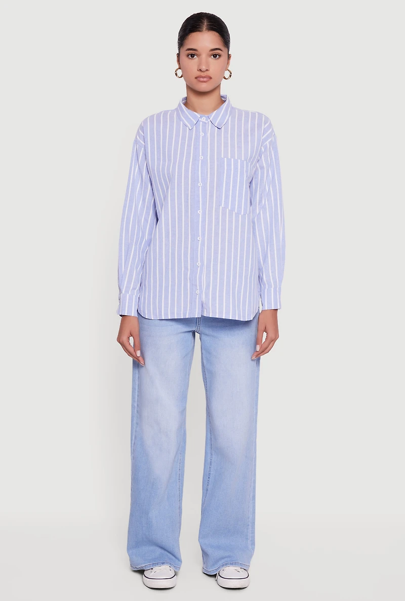 Striped Poplin Button Front Long Sleeve Shirt