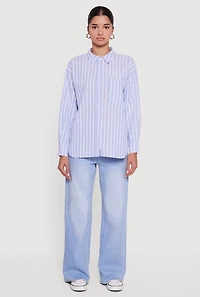 Striped Poplin Button Front Long Sleeve Shirt