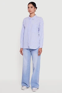 Striped Poplin Button Front Long Sleeve Shirt