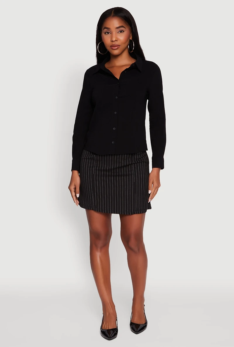 Womens Iris Classic Fit Solid Button Front Long Sleeve Shirt, Black, Size M