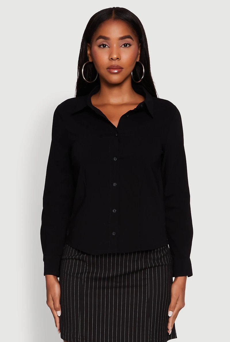 Womens Iris Classic Fit Solid Button Front Long Sleeve Shirt, Black, Size M