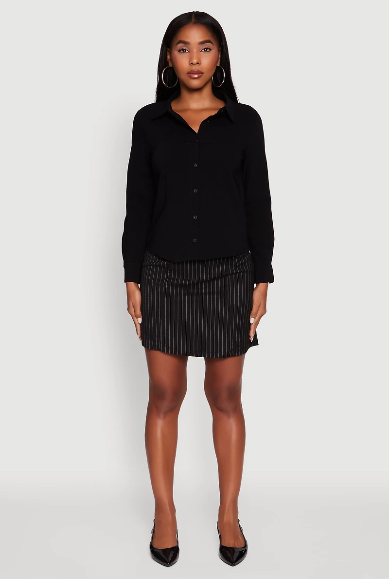 Womens Iris Classic Fit Solid Button Front Long Sleeve Shirt, Black, Size M