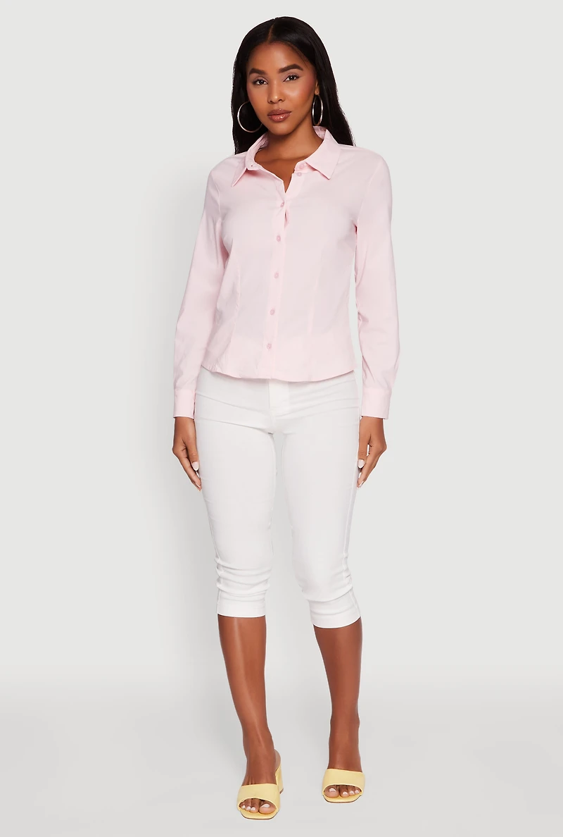Womens Iris Classic Fit Solid Button Front Long Sleeve Shirt, Pink, Size M