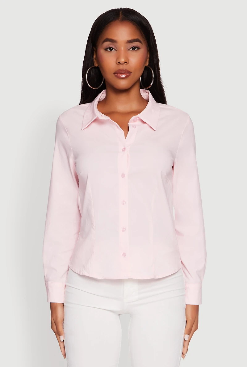 Womens Iris Classic Fit Solid Button Front Long Sleeve Shirt, Pink, Size M