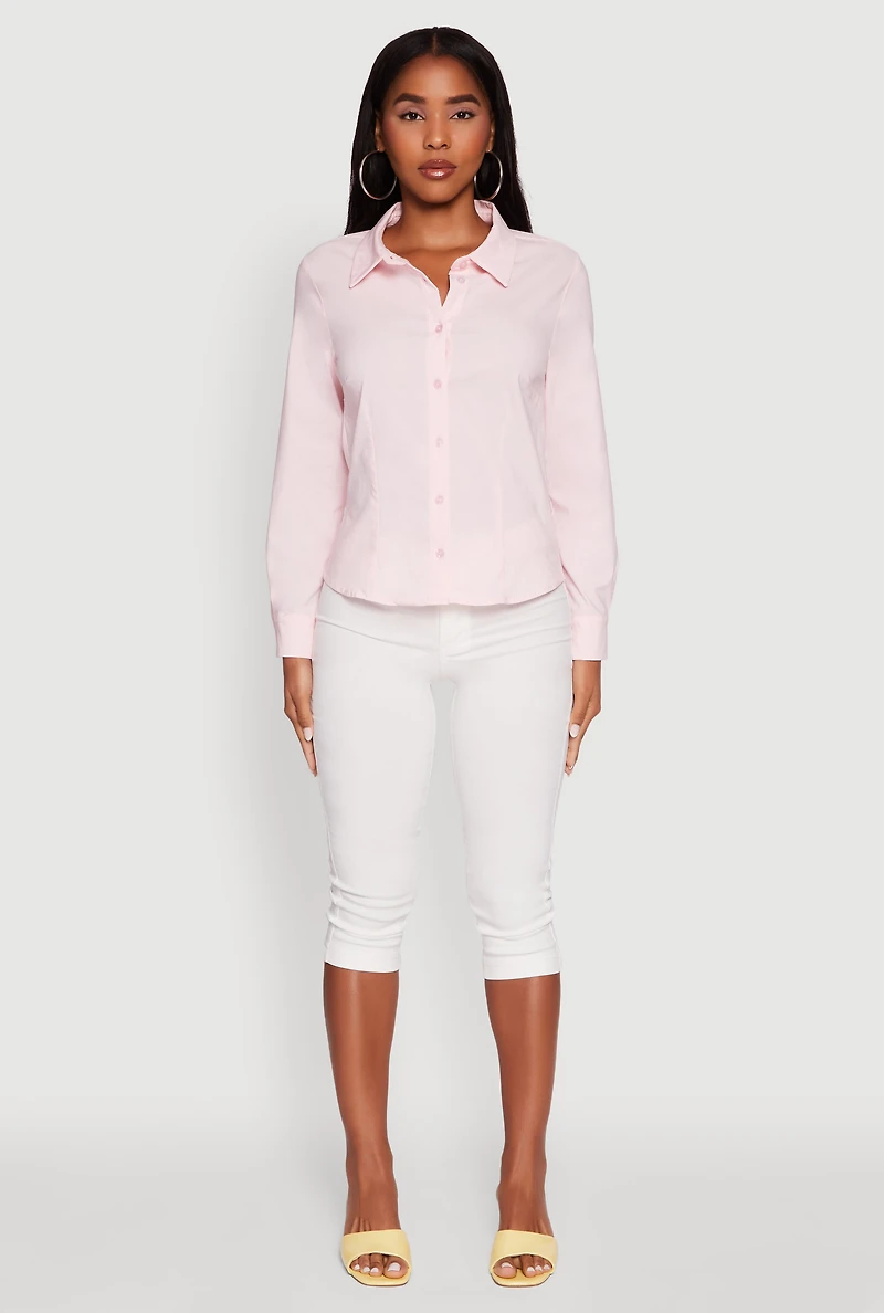 Womens Iris Classic Fit Solid Button Front Long Sleeve Shirt, Pink, Size M