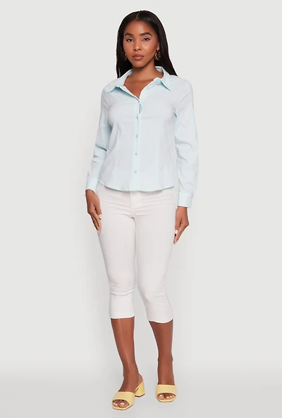 Womens Iris Classic Fit Solid Button Front Long Sleeve Shirt, Blue, Size M