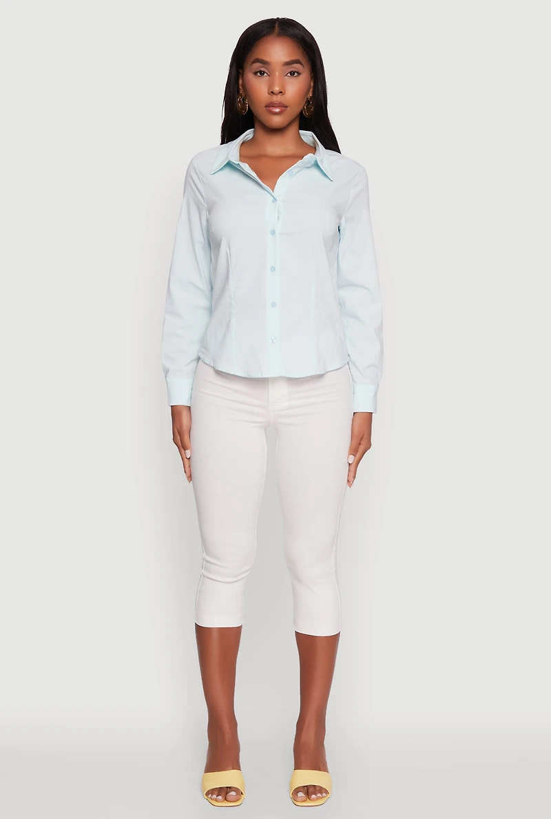 Womens Iris Classic Fit Solid Button Front Long Sleeve Shirt, Blue, Size M