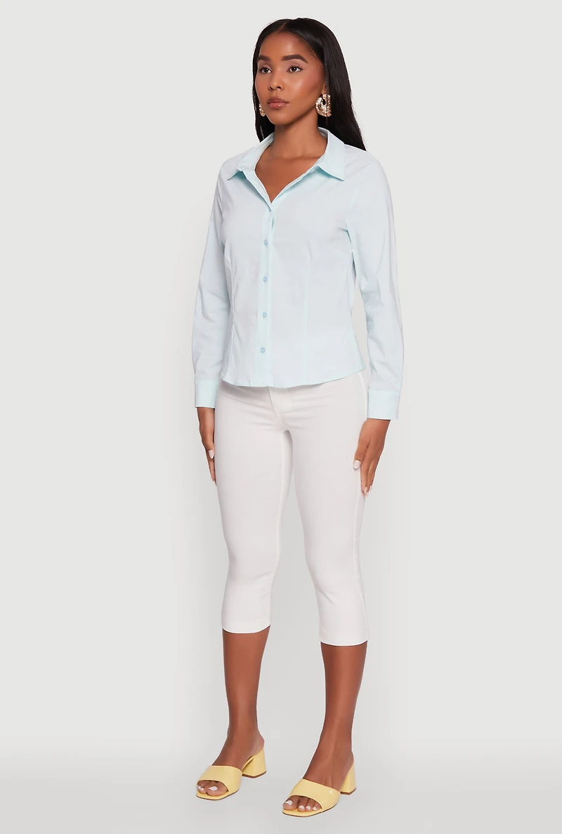 Womens Iris Classic Fit Solid Button Front Long Sleeve Shirt, Blue, Size M