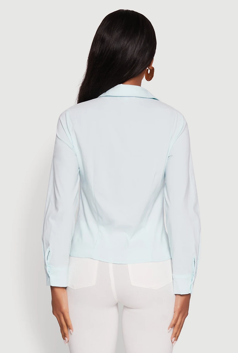 Womens Iris Classic Fit Solid Button Front Long Sleeve Shirt, Blue, Size M