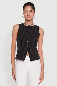 Womens Iris Trendy Pinstripe Button Front Vest, Black, Size L