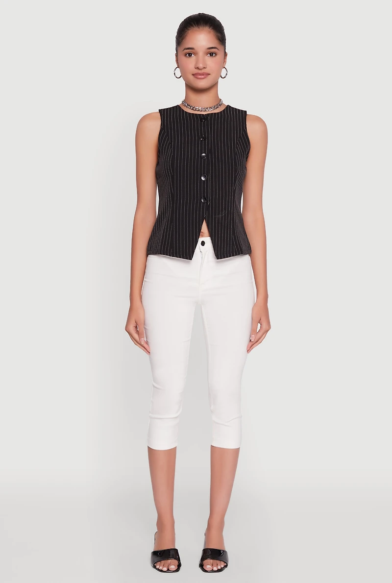 Womens Iris Trendy Pinstripe Button Front Vest, Black, Size L