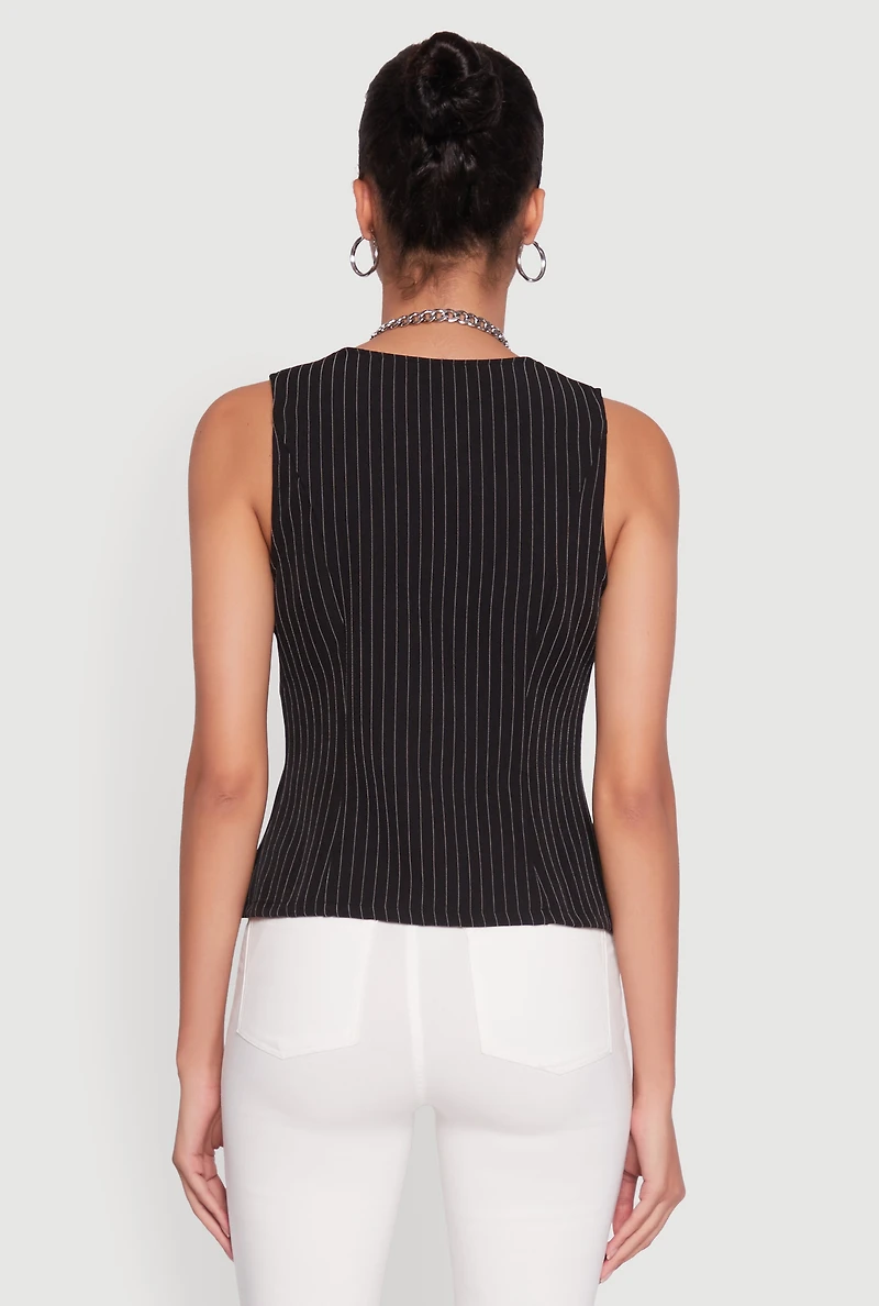Womens Iris Trendy Pinstripe Button Front Vest, Black, Size L