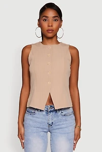 Womens Iris Trendy Pinstripe Button Front Vest, Beige,