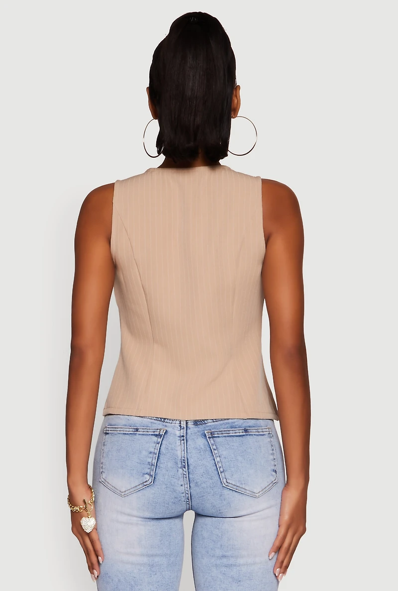 Womens Iris Trendy Pinstripe Button Front Vest, Beige, Size L