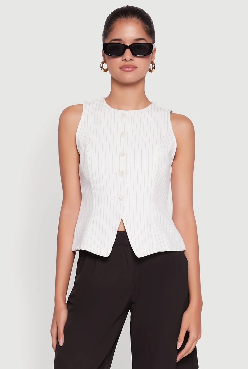 Womens Iris Trendy Pinstripe Button Front Vest, White,