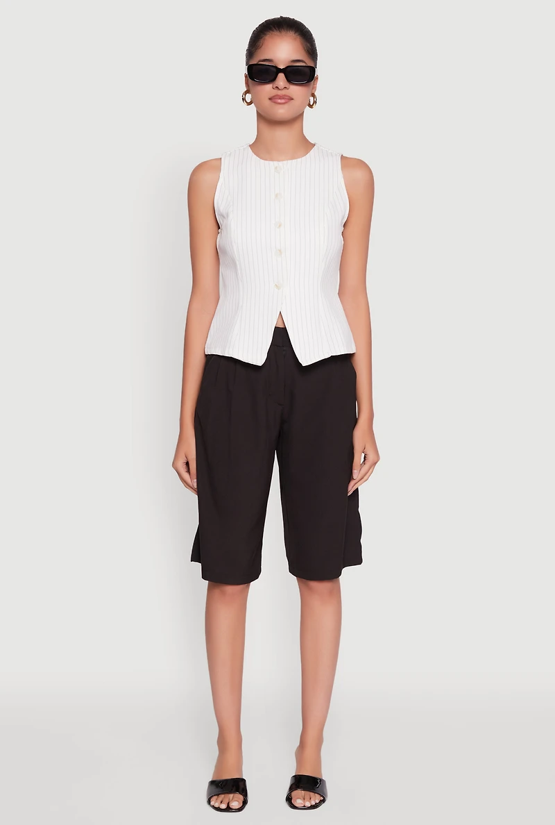 Womens Iris Trendy Pinstripe Button Front Vest, White,