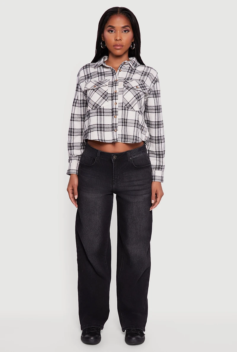 Plaid Flap Pocket Cropped Button Front Shirt