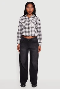 Plaid Flap Pocket Cropped Button Front Shirt