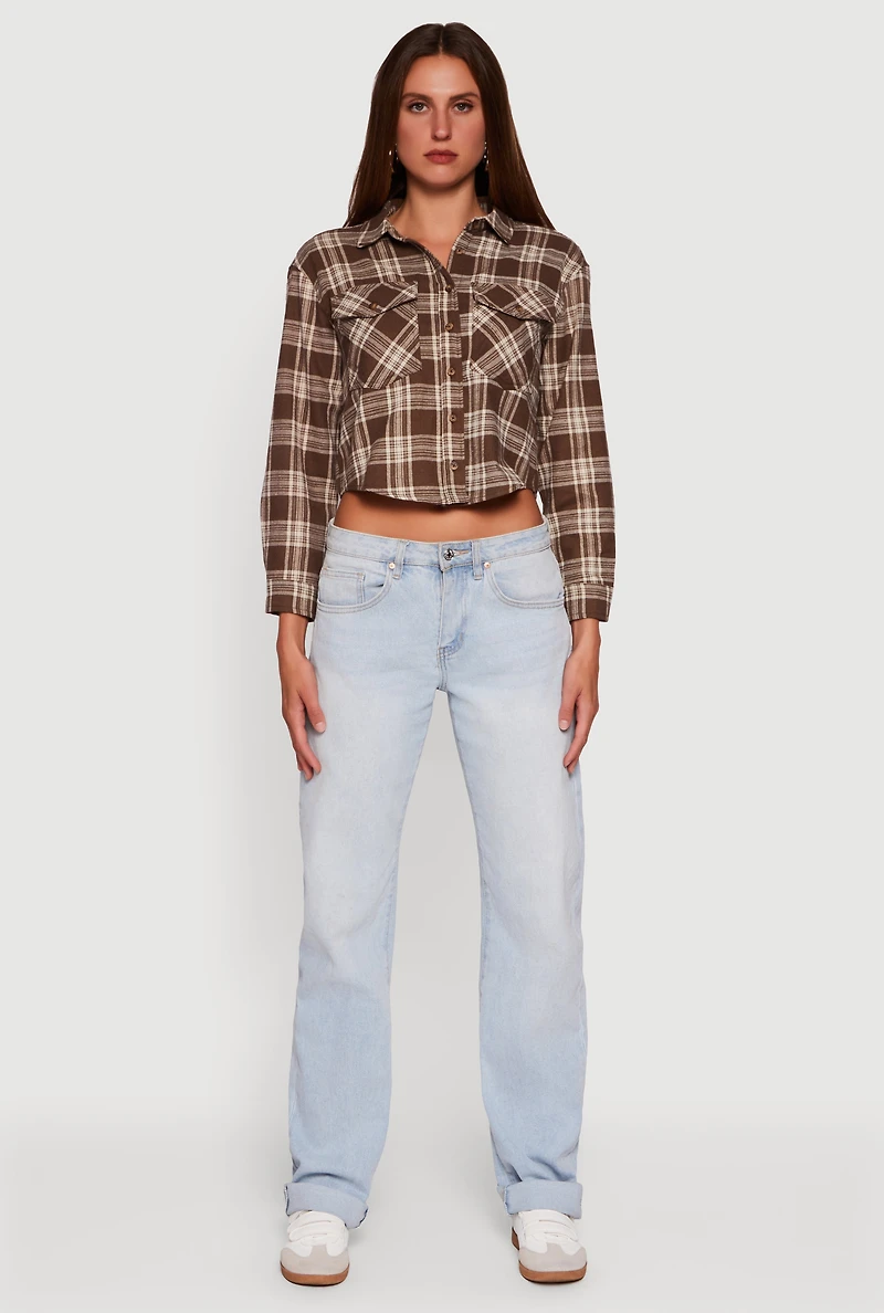 Plaid Flap Pocket Cropped Button Front Shirt