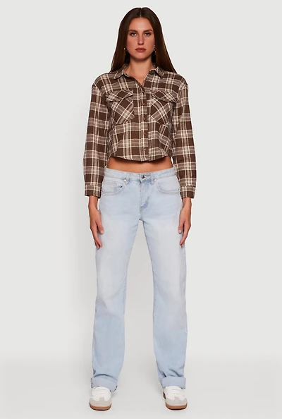 Plaid Flap Pocket Cropped Button Front Shirt