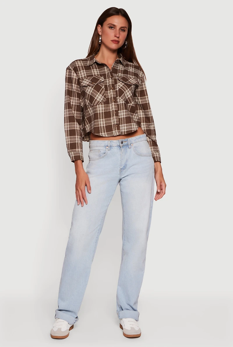 Plaid Flap Pocket Cropped Button Front Shirt