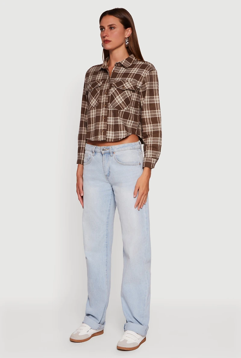 Plaid Flap Pocket Cropped Button Front Shirt