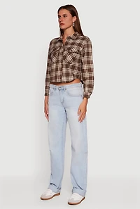 Plaid Flap Pocket Cropped Button Front Shirt