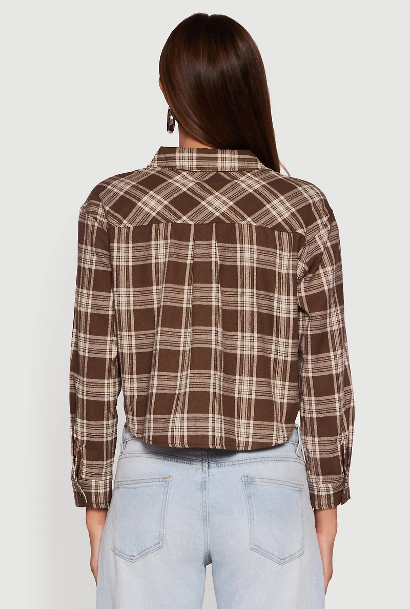 Plaid Flap Pocket Cropped Button Front Shirt