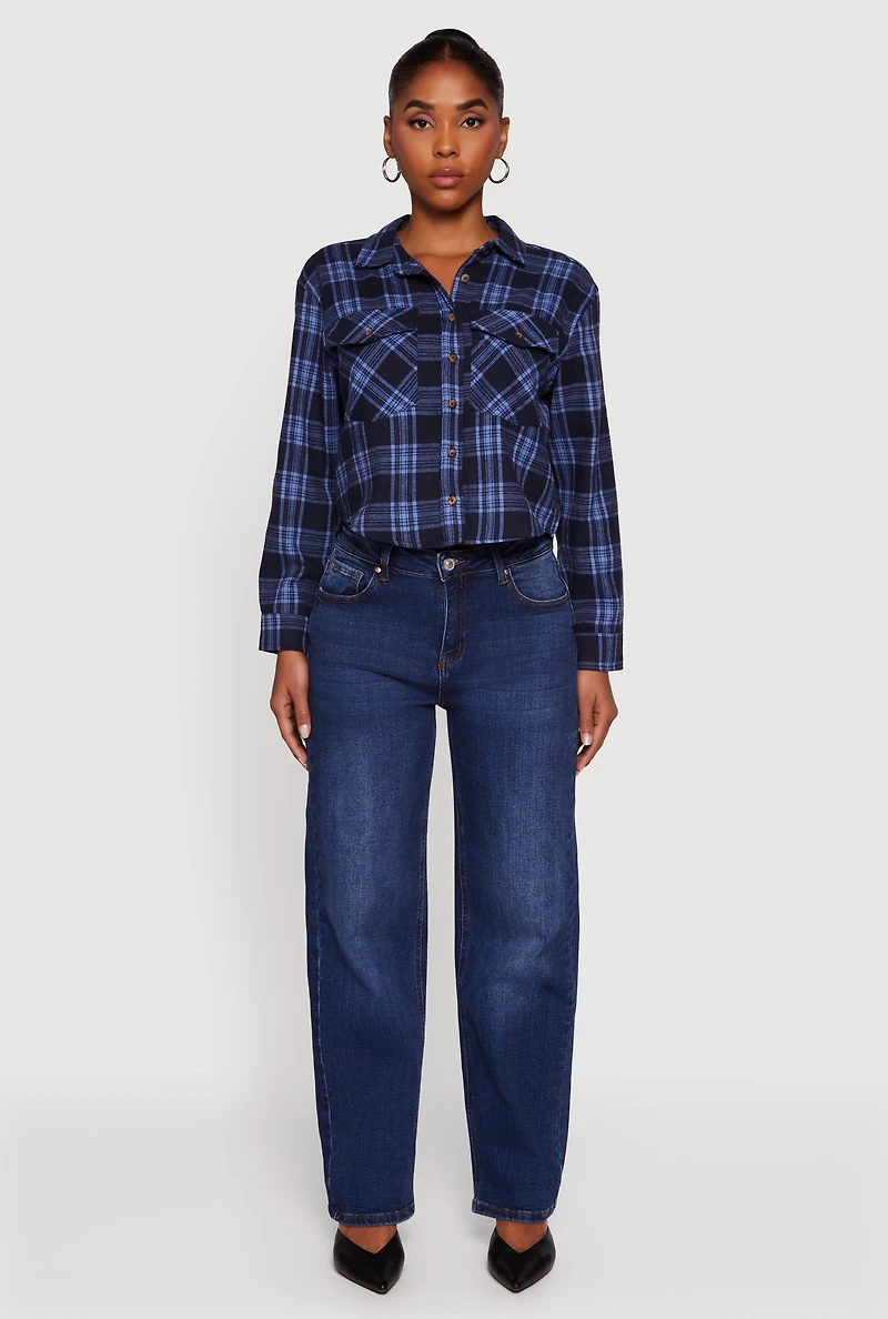 Womens Plaid Flap Pocket Cropped Button Front Shirt, Blue, Size S