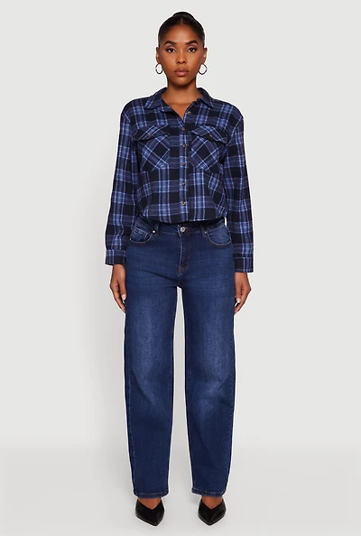Womens Plaid Flap Pocket Cropped Button Front Shirt, Blue, Size M