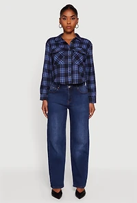 Womens Plaid Flap Pocket Cropped Button Front Shirt, Blue, Size M