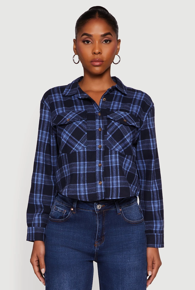 Womens Plaid Flap Pocket Cropped Button Front Shirt, Blue, Size M