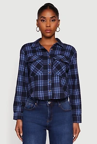 Womens Plaid Flap Pocket Cropped Button Front Shirt, Blue, Size M
