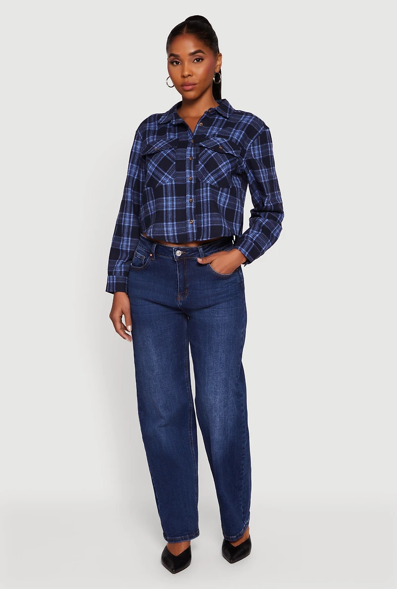 Womens Plaid Flap Pocket Cropped Button Front Shirt, Blue,