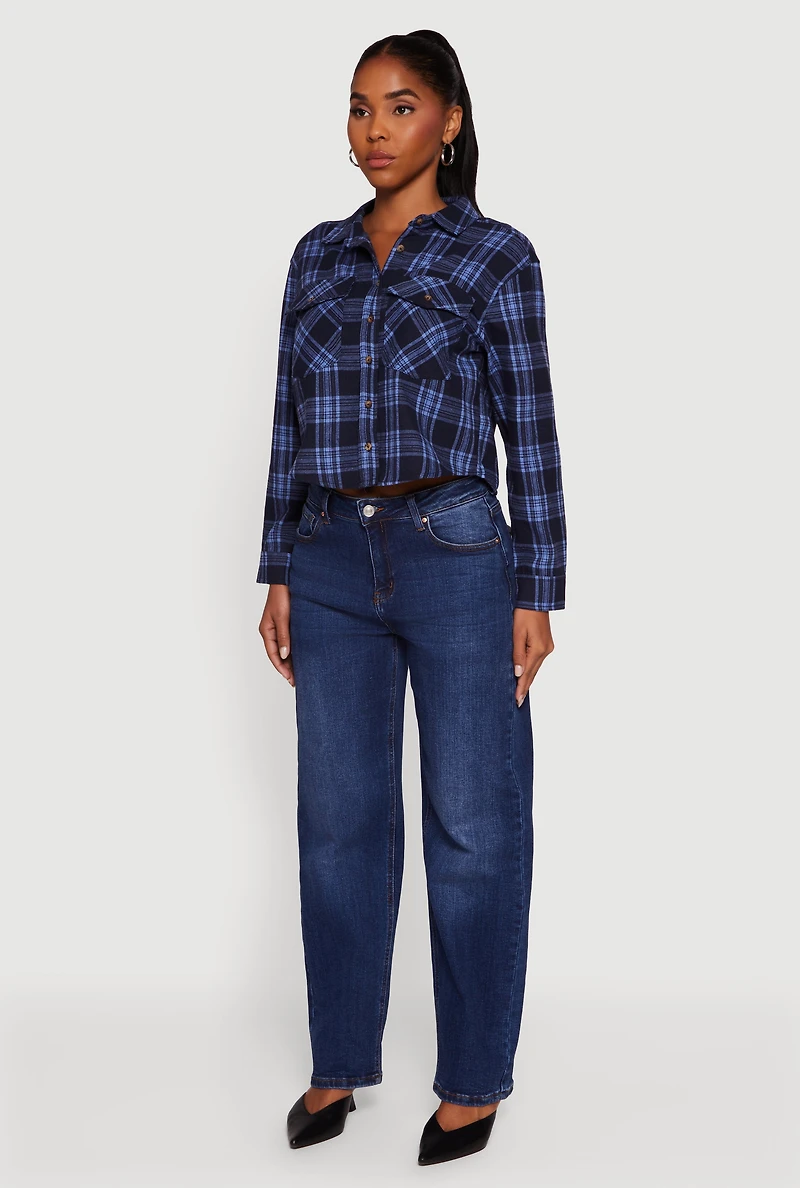 Womens Plaid Flap Pocket Cropped Button Front Shirt, Blue,