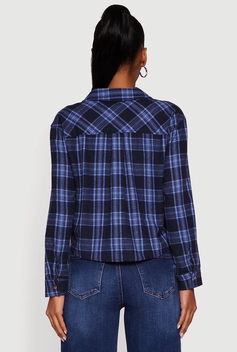 Womens Plaid Flap Pocket Cropped Button Front Shirt, Blue,
