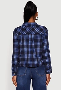 Womens Plaid Flap Pocket Cropped Button Front Shirt, Blue,