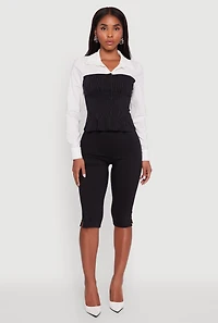 Pinstripe Color Block Button Front Peplum Shirt