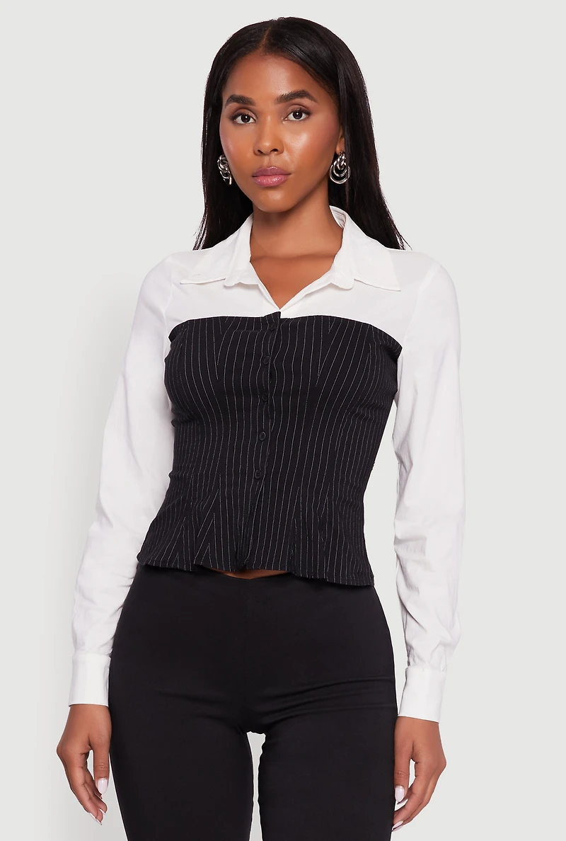 Pinstripe Color Block Button Front Peplum Shirt