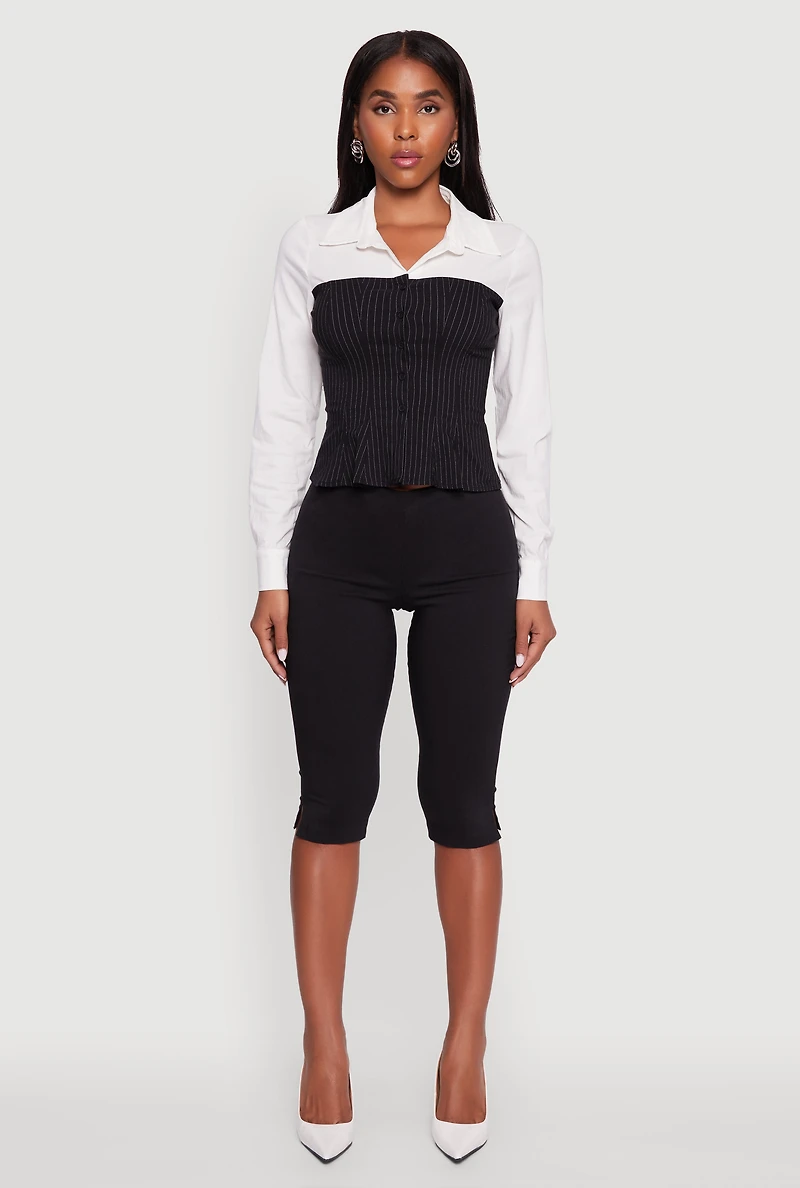 Pinstripe Color Block Button Front Peplum Shirt