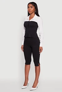 Pinstripe Color Block Button Front Peplum Shirt