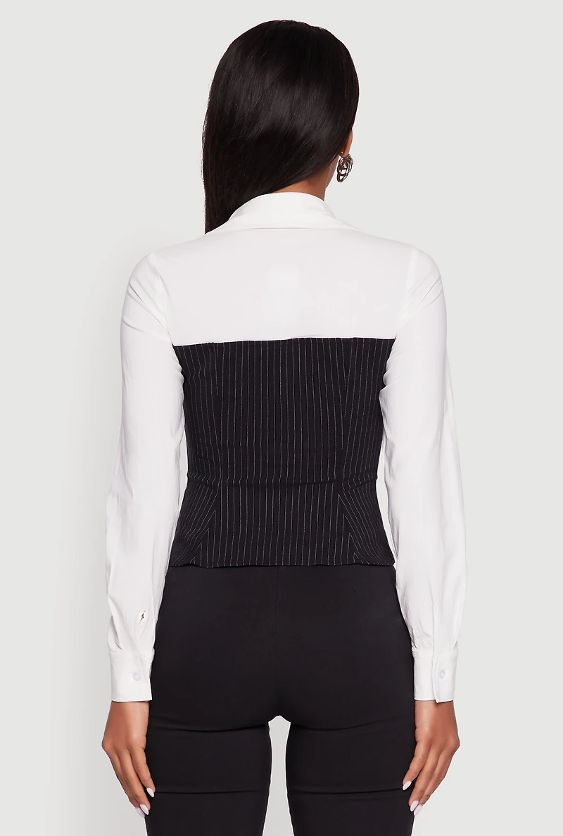 Pinstripe Color Block Button Front Peplum Shirt