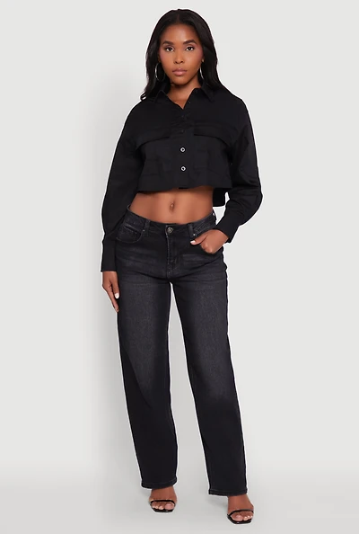 Womens Poplin Flap Pocket Boxy Cropped Shirt,