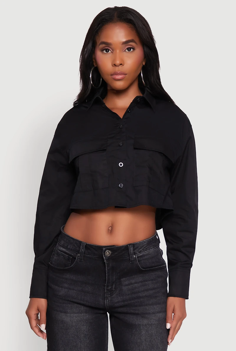 Womens Poplin Flap Pocket Boxy Cropped Shirt, M